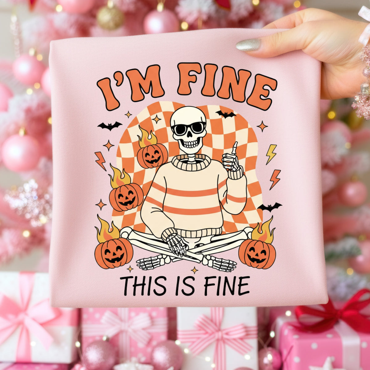 Skeleton with sunglasses, pumpkins, and text "I'M FINE THIS IS FINE".