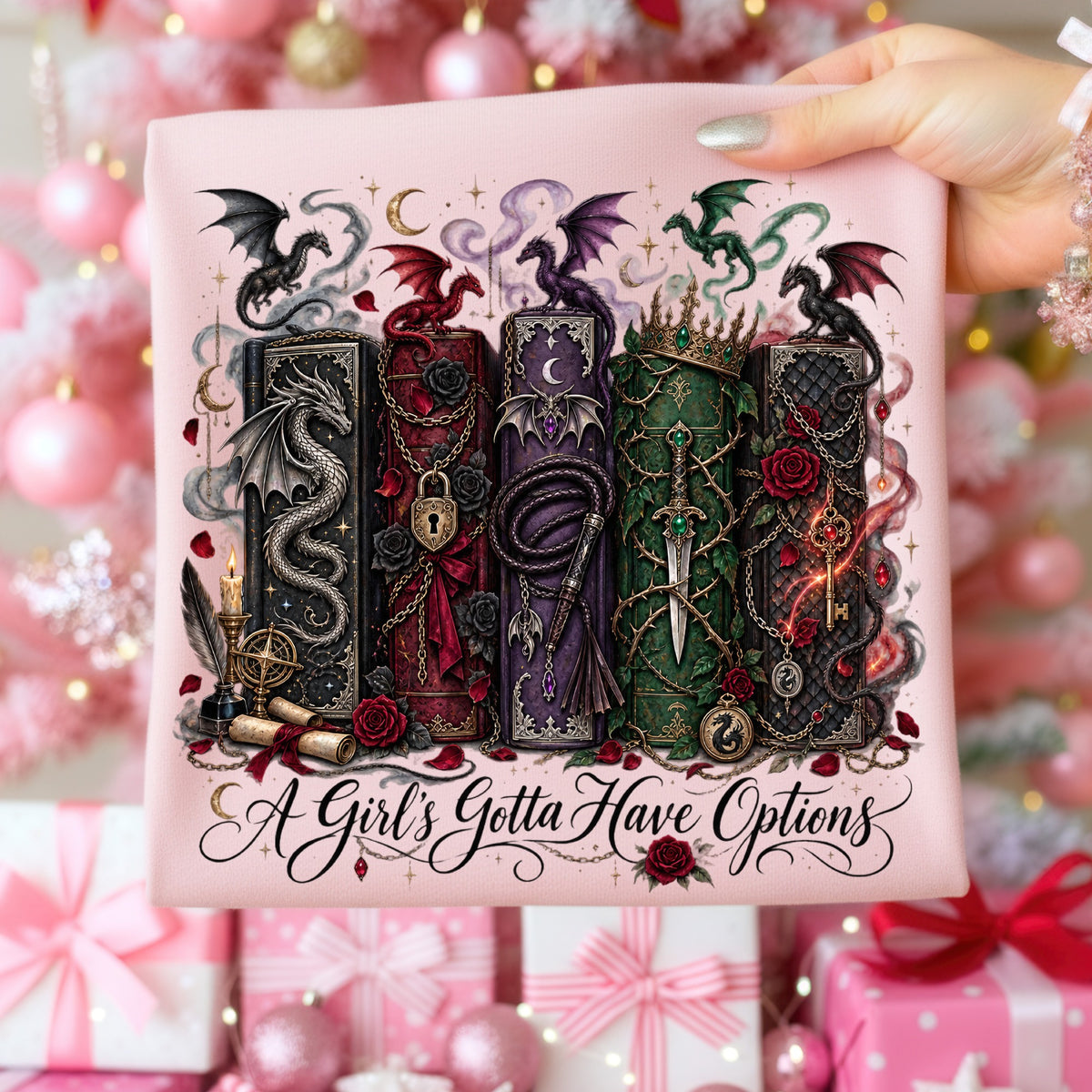 Dragon and fantasy motifs adorn five book spines with text "A Girl's Gotta Have Options."