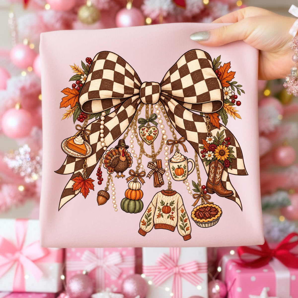 Thanksgiving themed illustrations on pink fabric with a checkered bow.
