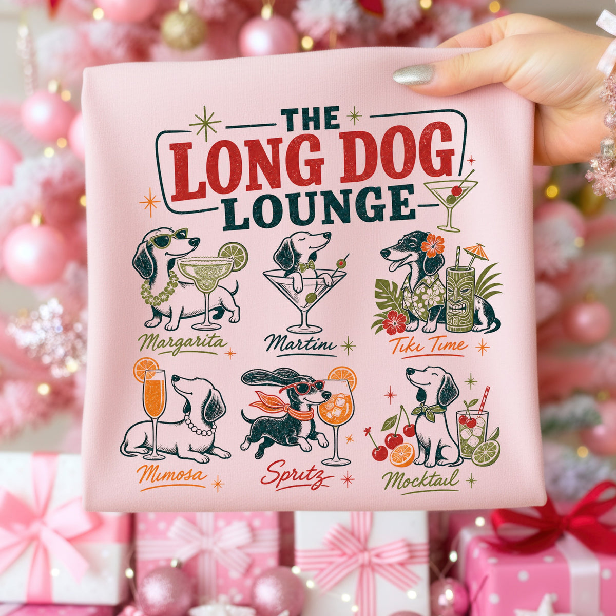The Long Dog Lounge graphic featuring dachshunds and drinks with text.