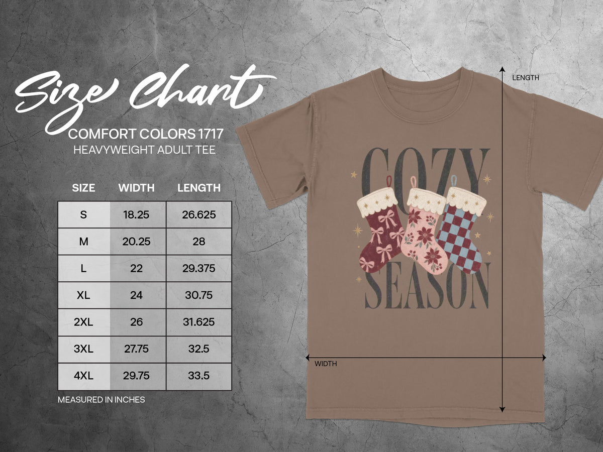 Size chart for Comfort Colors 1717 heavyweight adult tee with garment and measurements.
