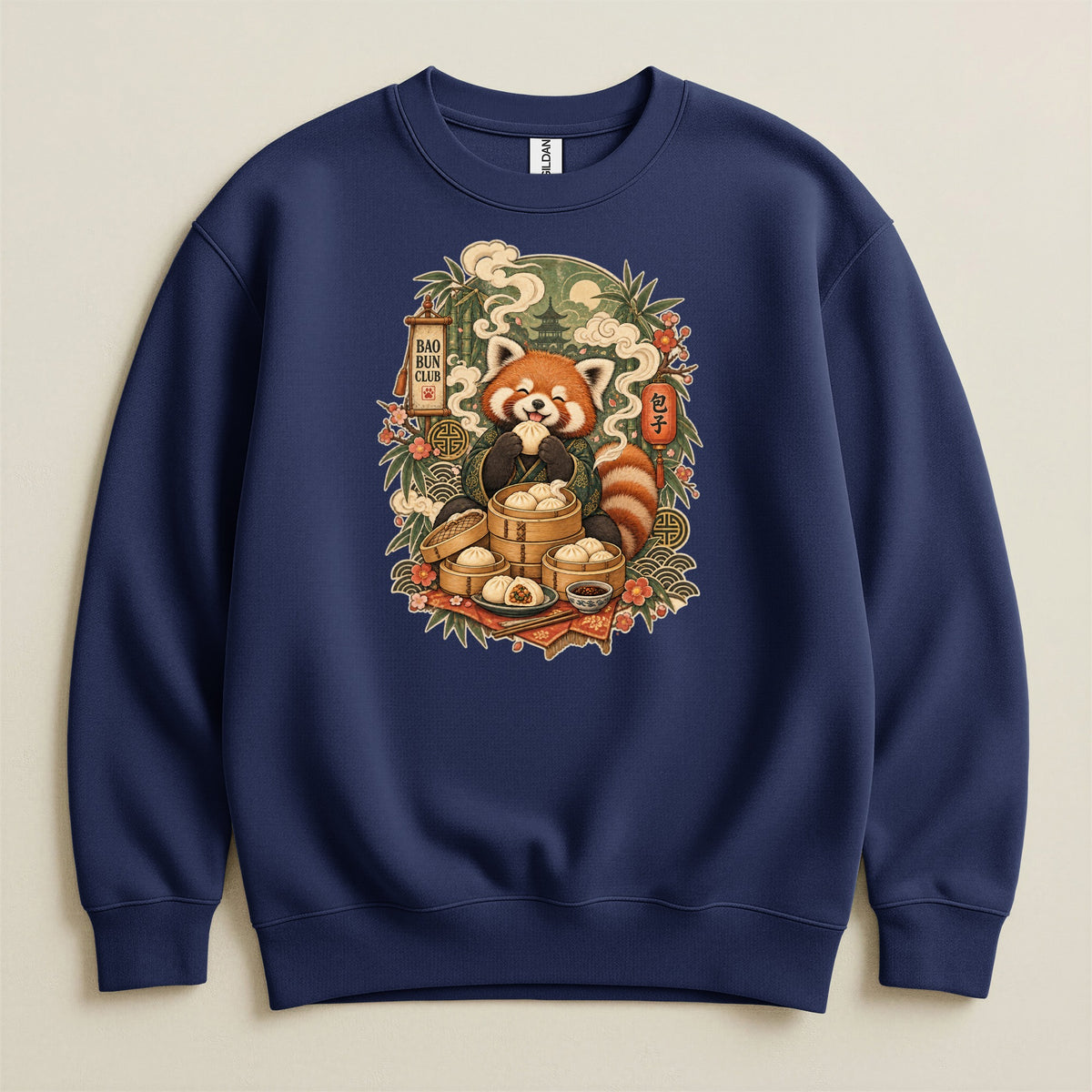 Red panda eating bao buns with "Bao Bun Club" text on a navy sweatshirt.