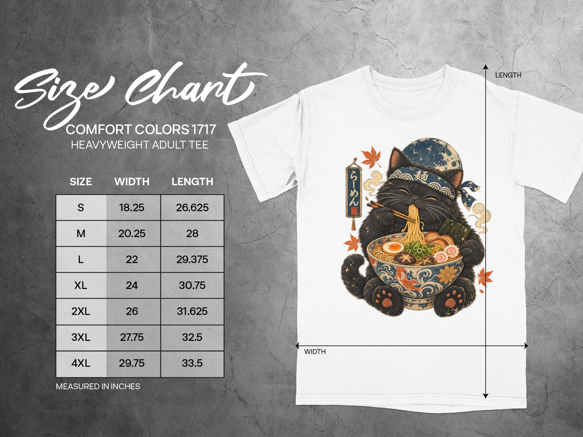 Comfort Colors 1717 size chart for heavyweight adult tee featuring a black cat with ramen.