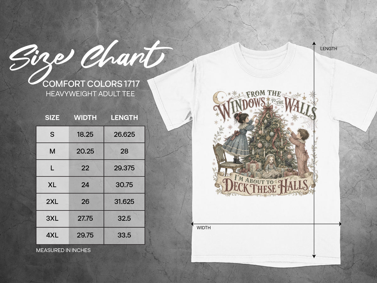 White t-shirt with holiday graphic and size chart including width and length measurements.