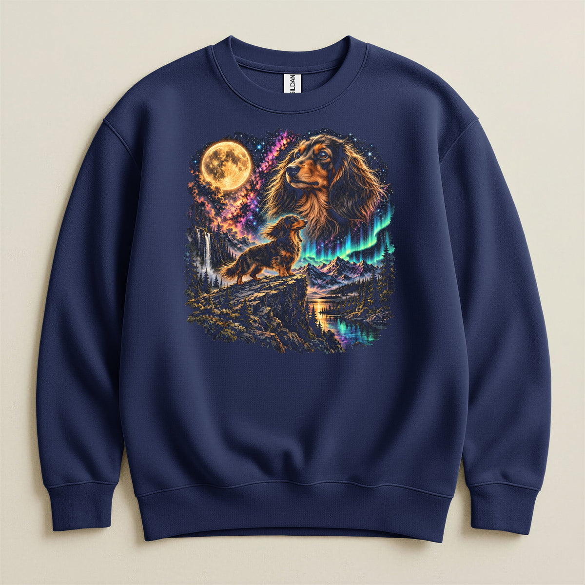 Long-haired dachshund on cliff under moon, aurora borealis, and stars.