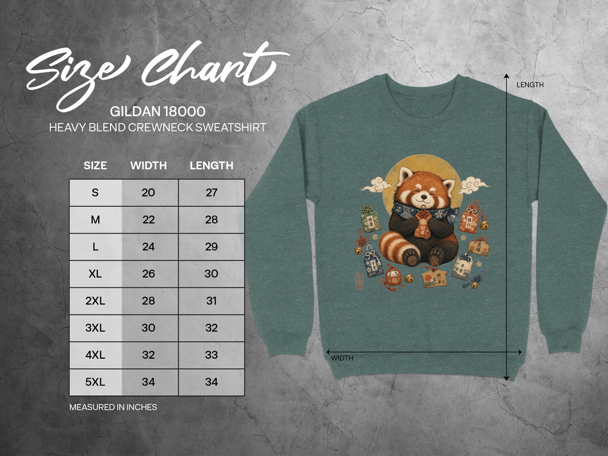 Gildan 18000 Heavy Blend Crewneck Sweatshirt size chart with red panda graphic.