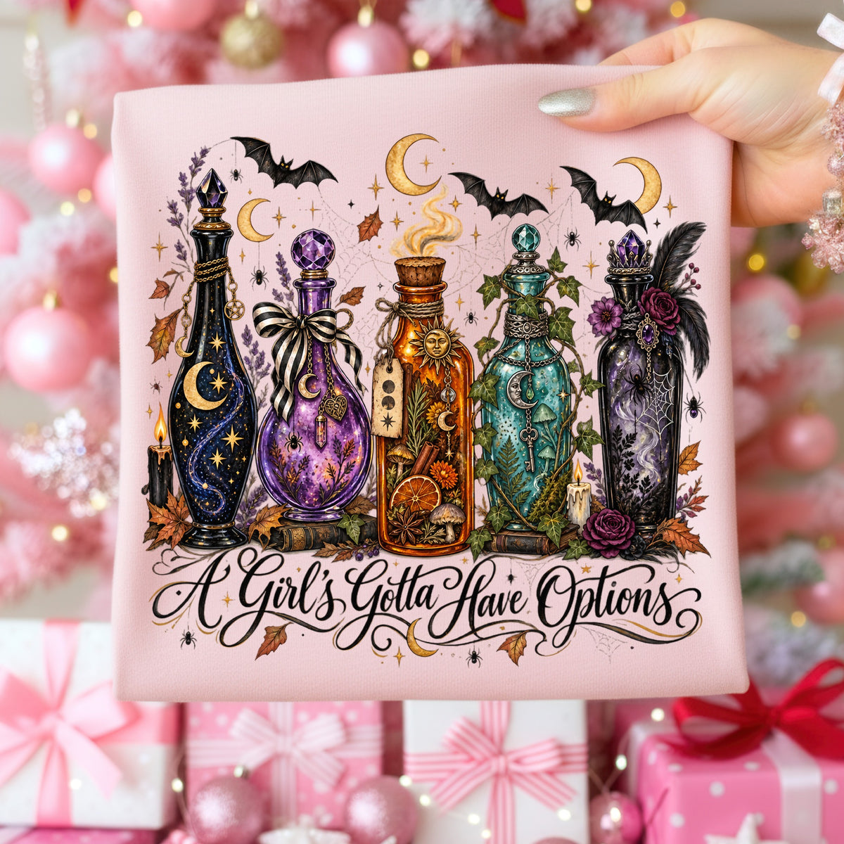 Five decorative potion bottles with celestial and nature elements, text "A Girl's Gotta Have Options".