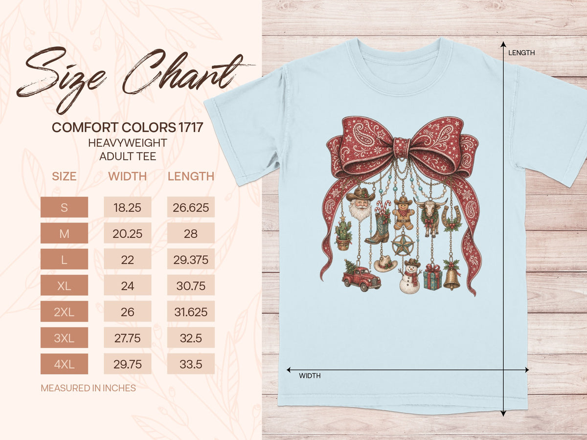 Comfort Colors 1717 heavyweight adult tee size chart with width and length measurements in inches.