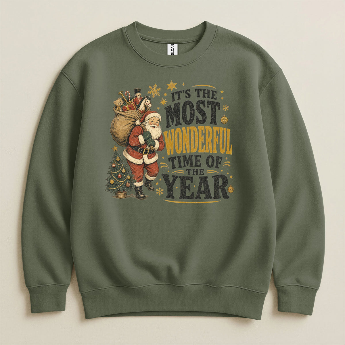 Green sweatshirt with Santa, gifts, and "It's the most wonderful time of the year."