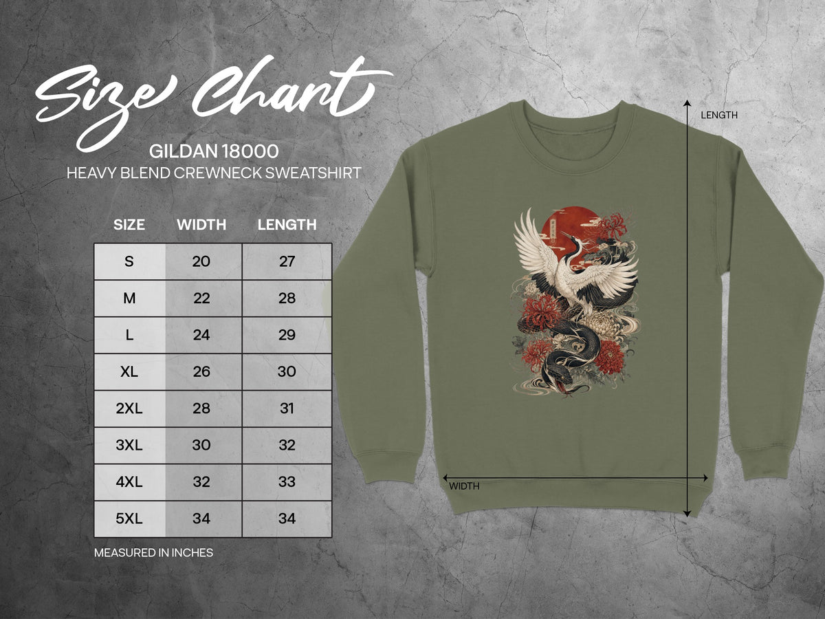 Gildan 18000 sweatshirt size chart with Japanese dragon and crane graphic.