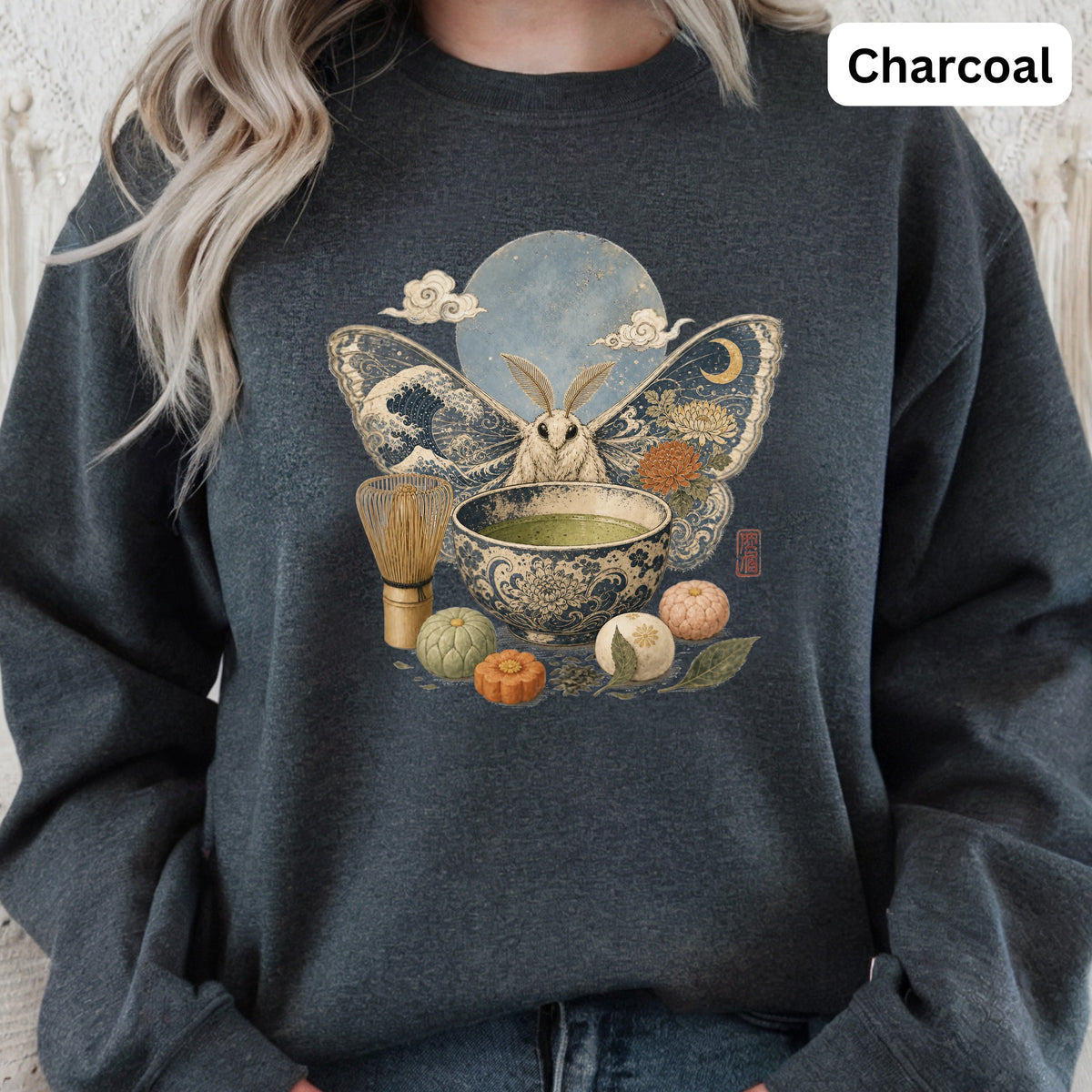 Moth with Japanese wave wings, matcha bowl, and moon. Charcoal color.