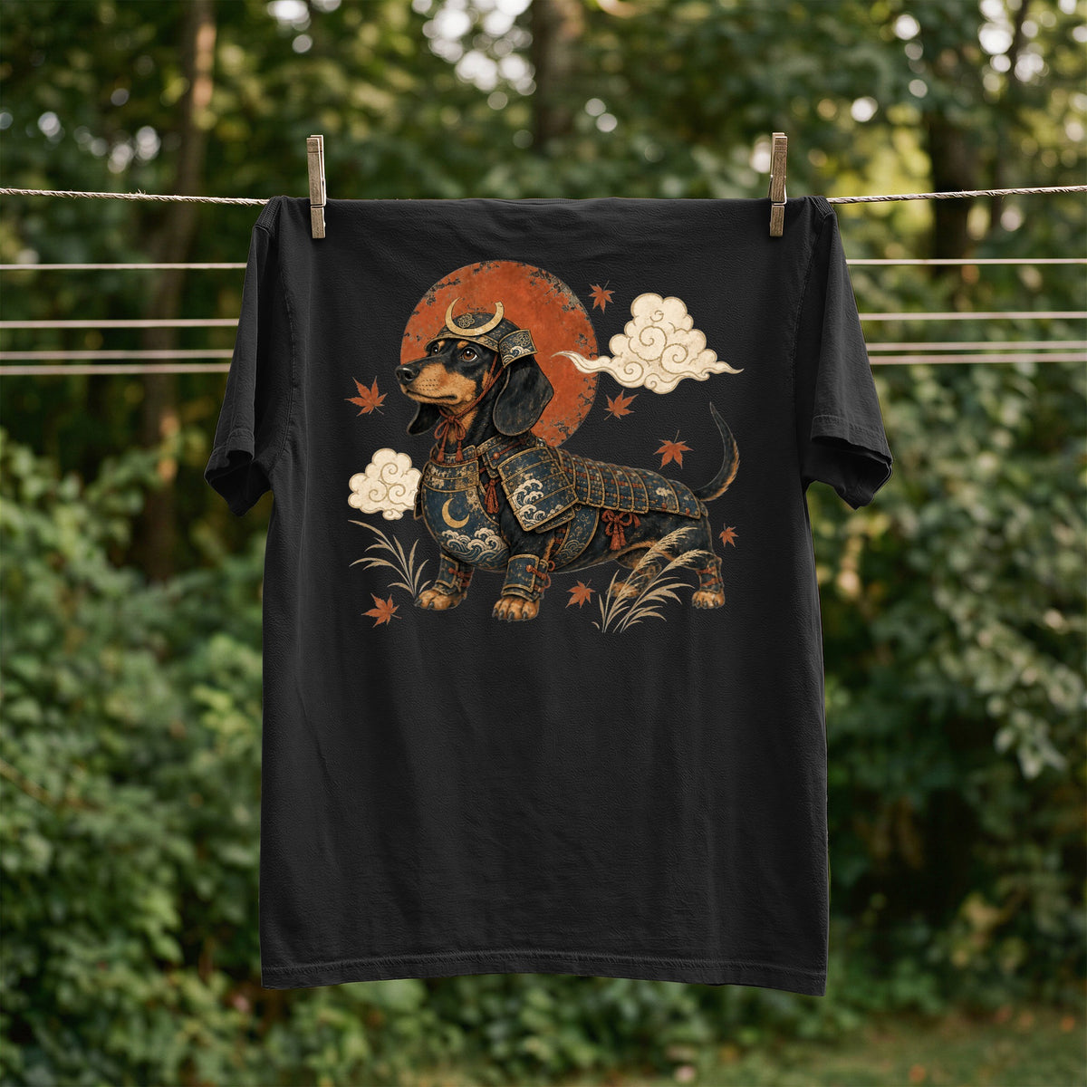 Black t-shirt with a dachshund in samurai armor and Japanese motifs.