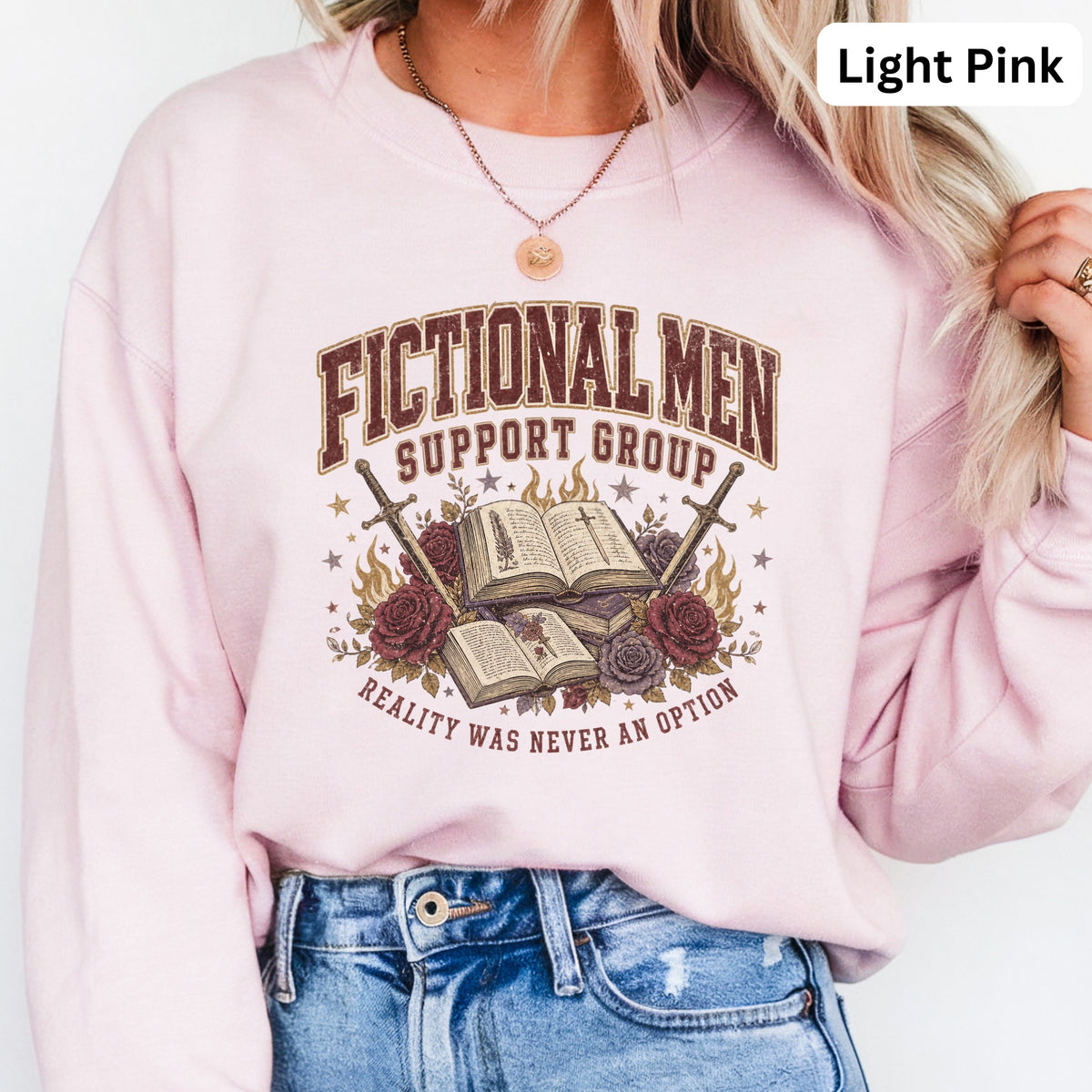 Fictional Men Support Group graphic with books, swords, roses, and text.