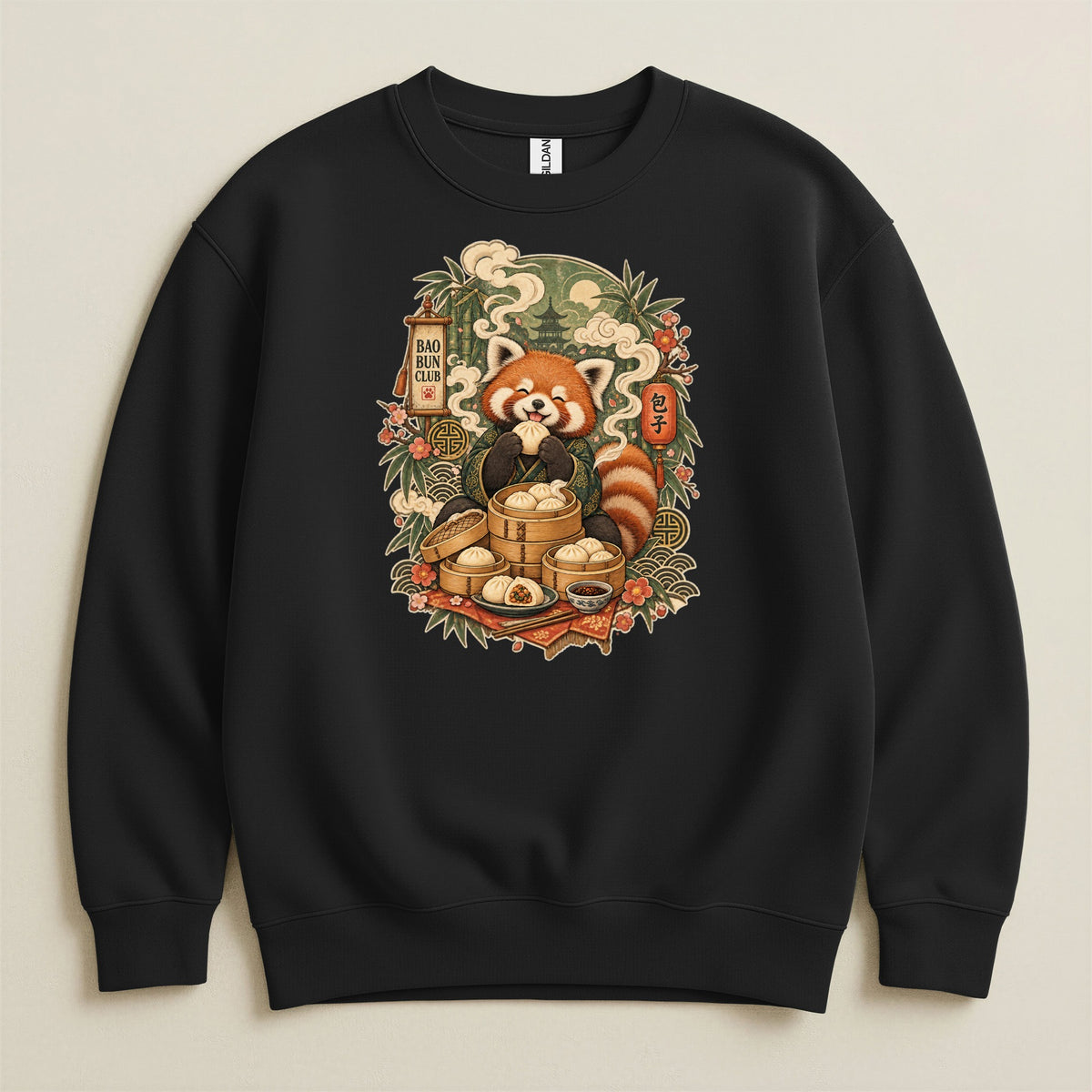 Red panda eating dumplings with "Bao Bun Club" text and Asian motifs.