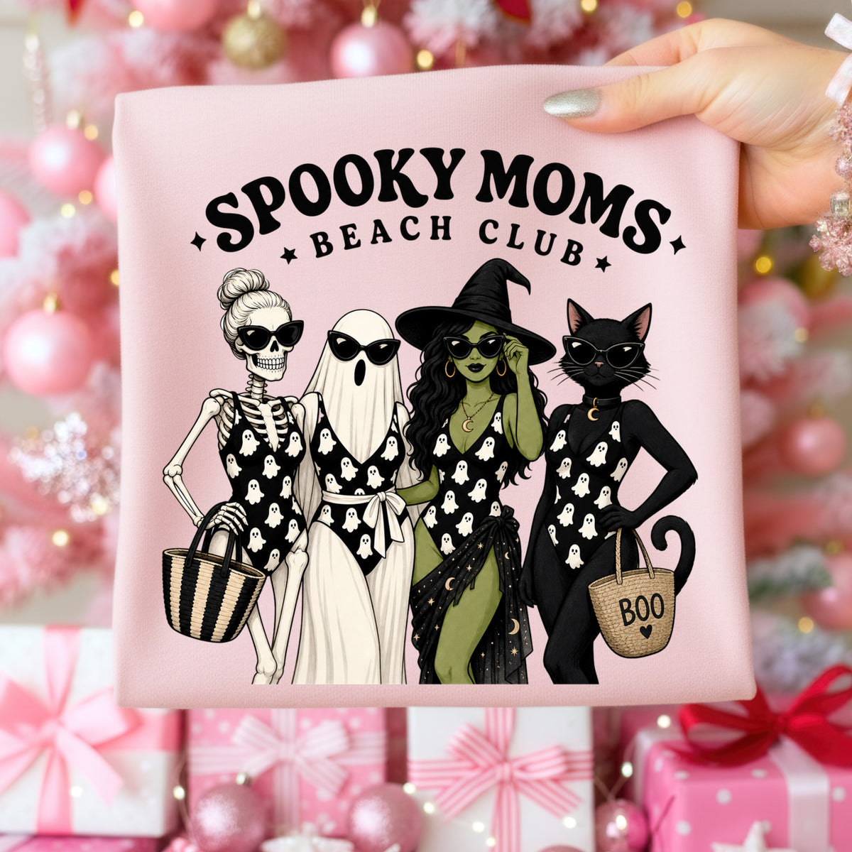 "Spooky Moms Beach Club" text with skeleton, ghost, witch, and cat characters in swimsuits.