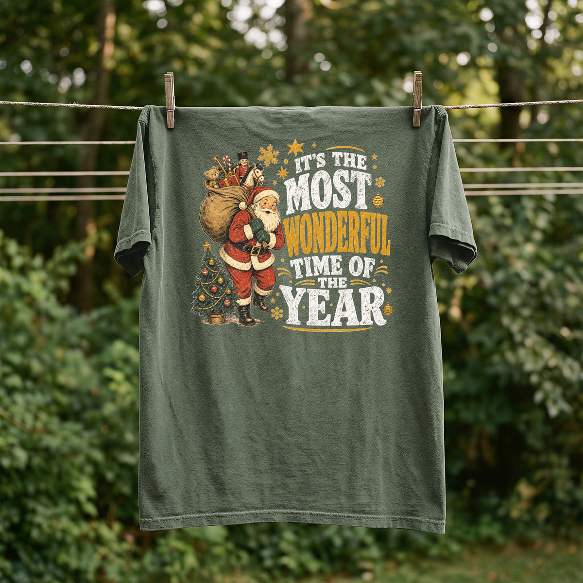Green t-shirt with Santa and text "It's the Most Wonderful Time of the Year".