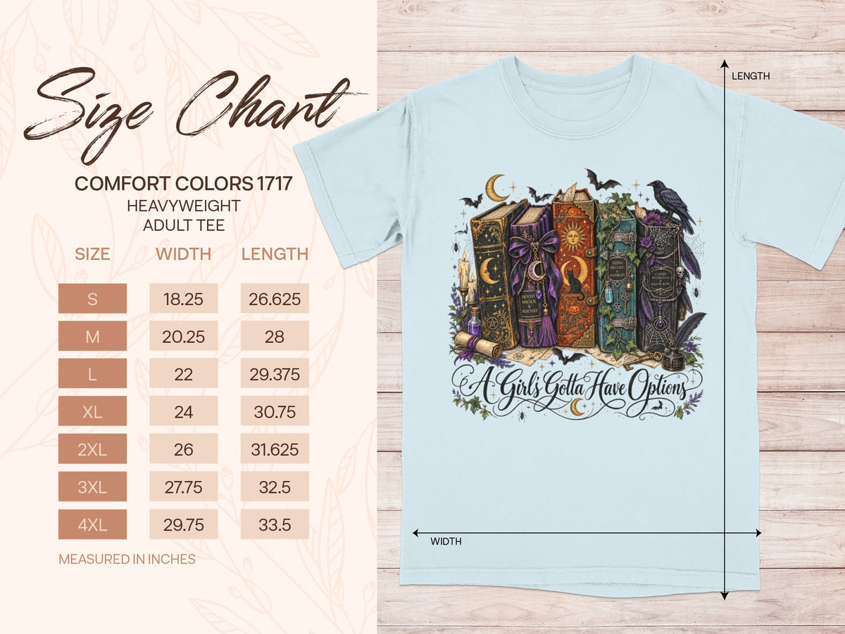 Size chart for a Comfort Colors 1717 heavyweight adult tee.