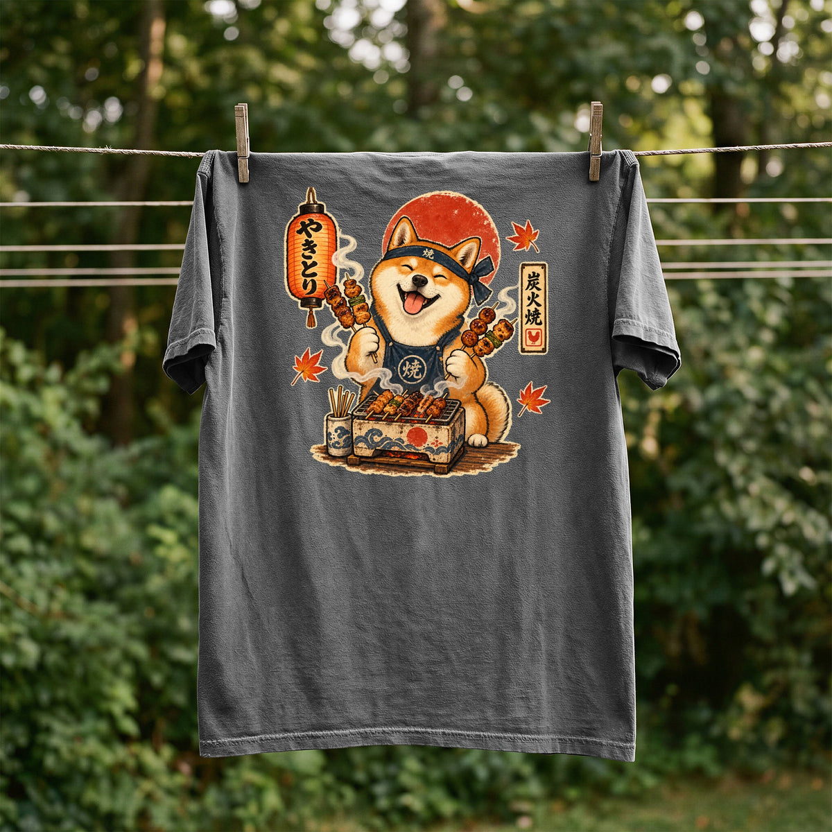 Shiba Inu in apron grilling skewers with Japanese text, hanging on clothesline.