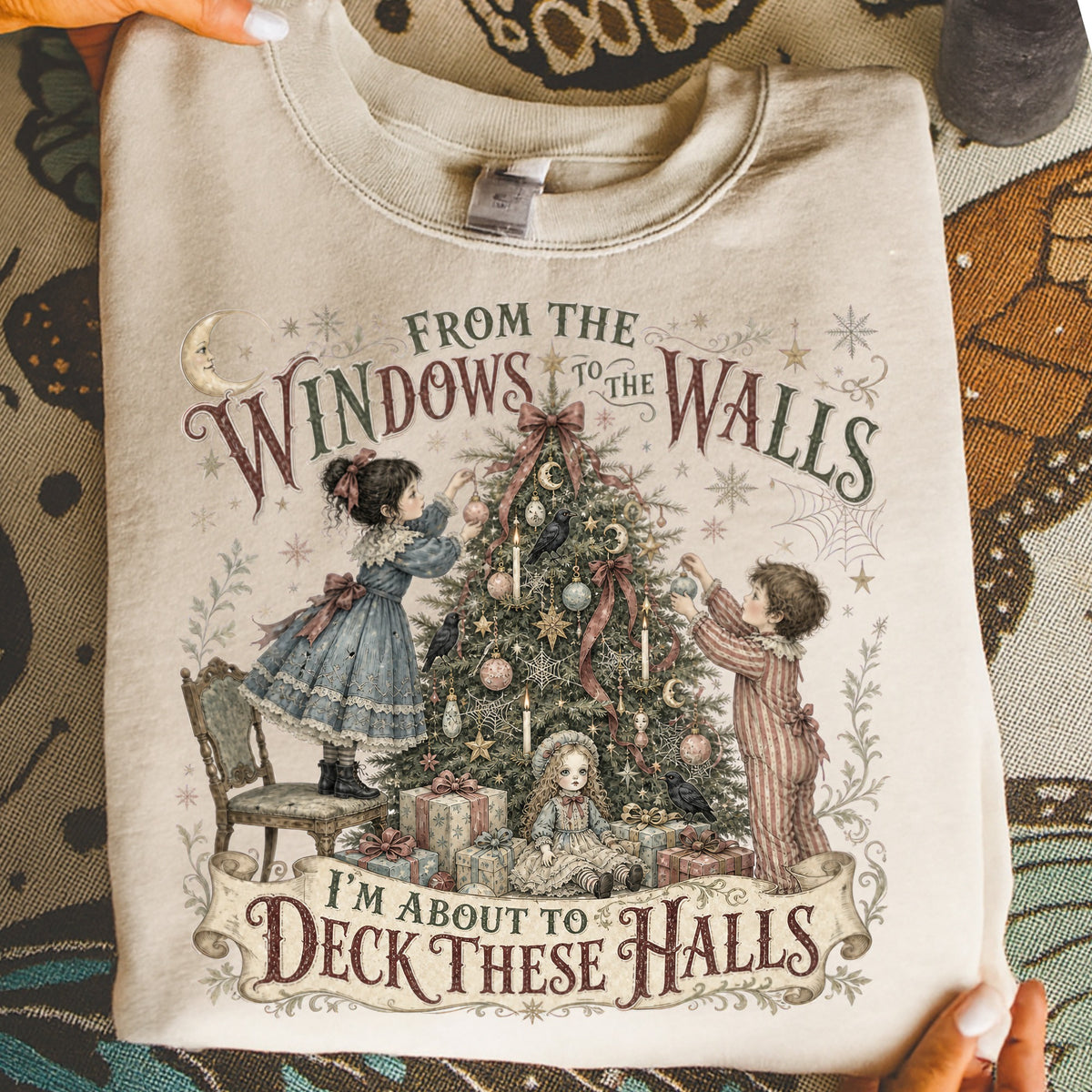 "From the Windows to the Walls, I'm About to Deck These Halls" text with children decorating a Christmas tree.