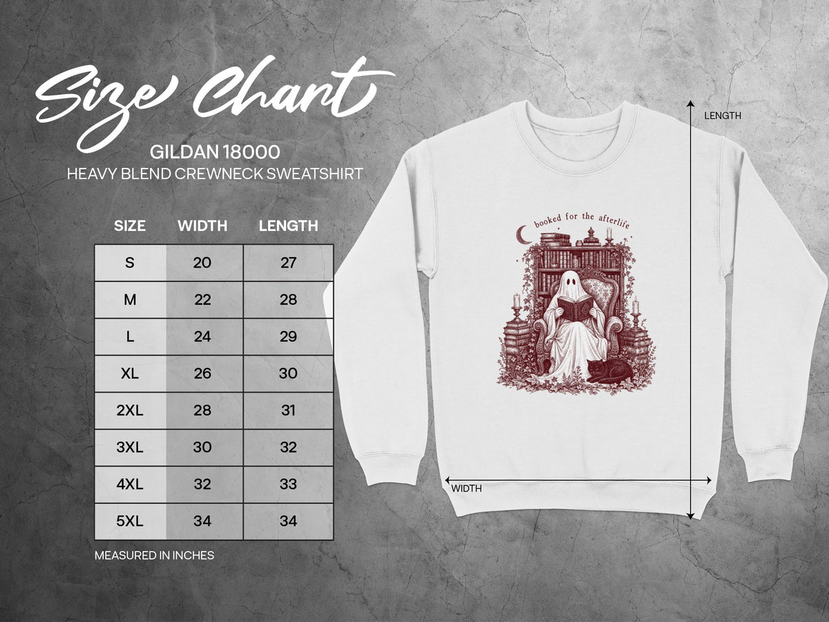 Gildan 18000 Heavy Blend Crewneck Sweatshirt size chart with width and length measurements in inches.