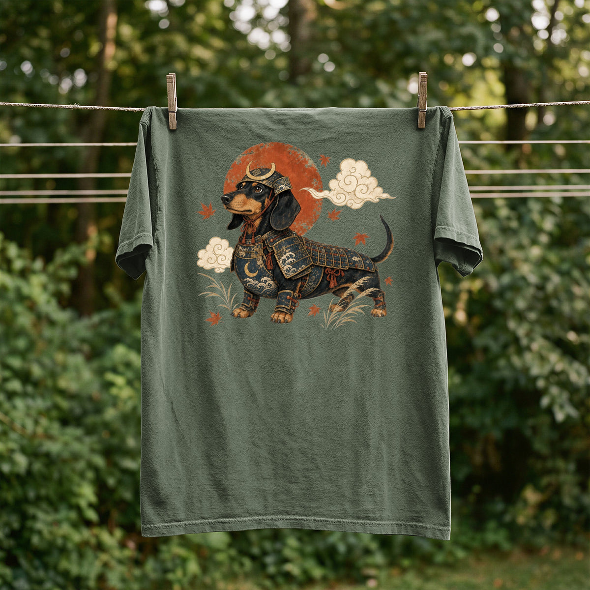 Green t-shirt featuring a dachshund in samurai armor with a red sun and clouds design.