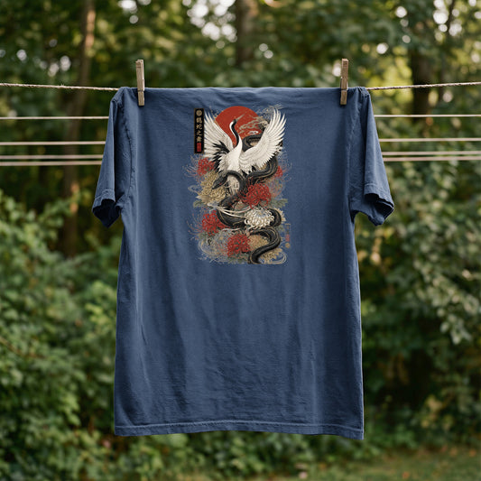 Blue t-shirt with Japanese crane, snake, flowers, and sun design.