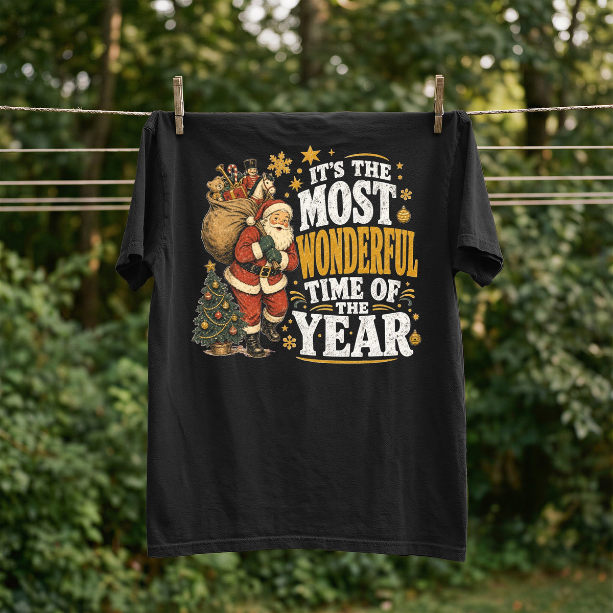 Black t-shirt with Santa, Christmas tree, and "It's the Most Wonderful Time of the Year" graphic.