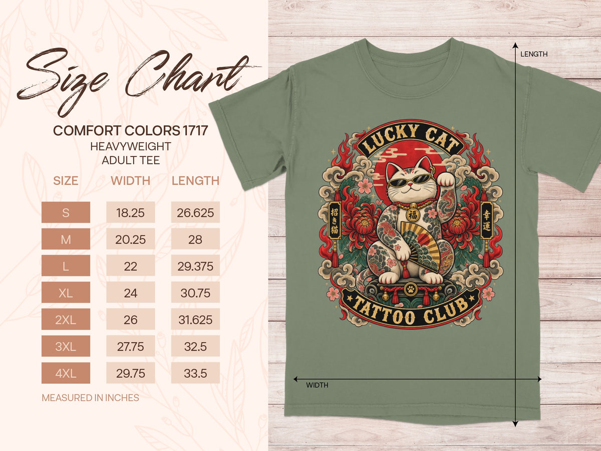 Size chart for Comfort Colors 1717 heavyweight adult tee with lucky cat tattoo design.