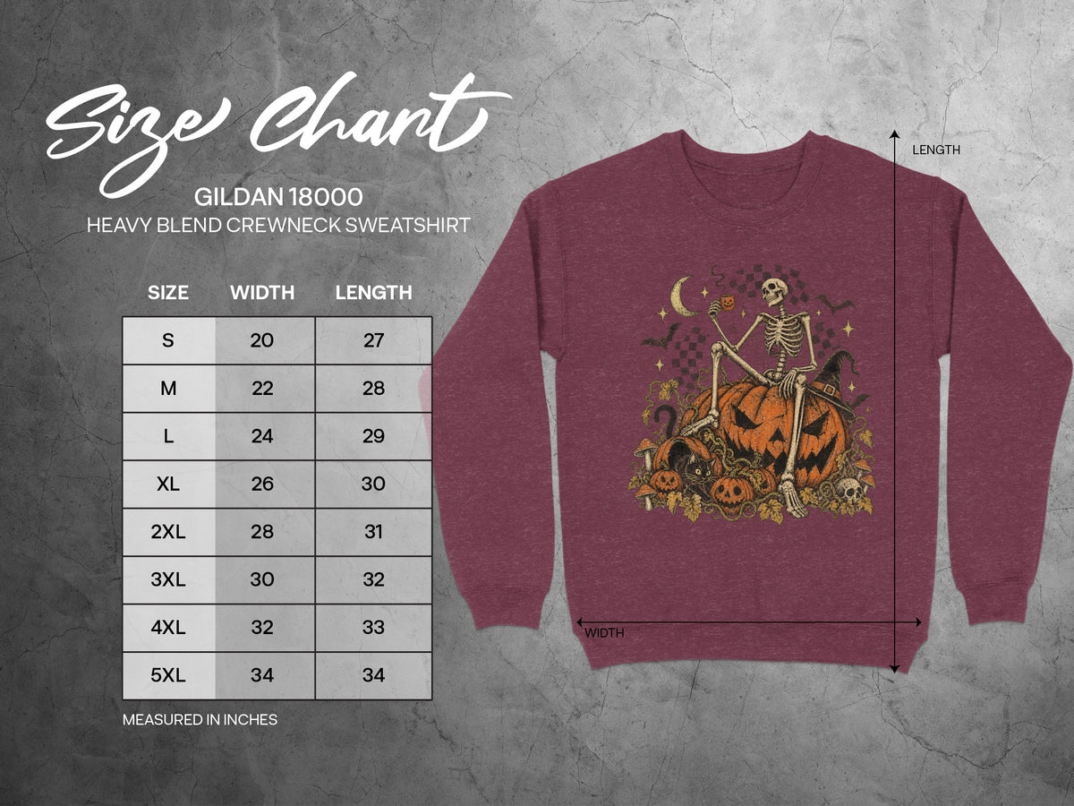 Gildan 18000 Heavy Blend Crewneck Sweatshirt size chart with measurements in inches.