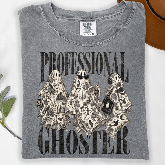 Gray t-shirt with "PROFESSIONAL GHOSTER" and three patterned ghosts.
