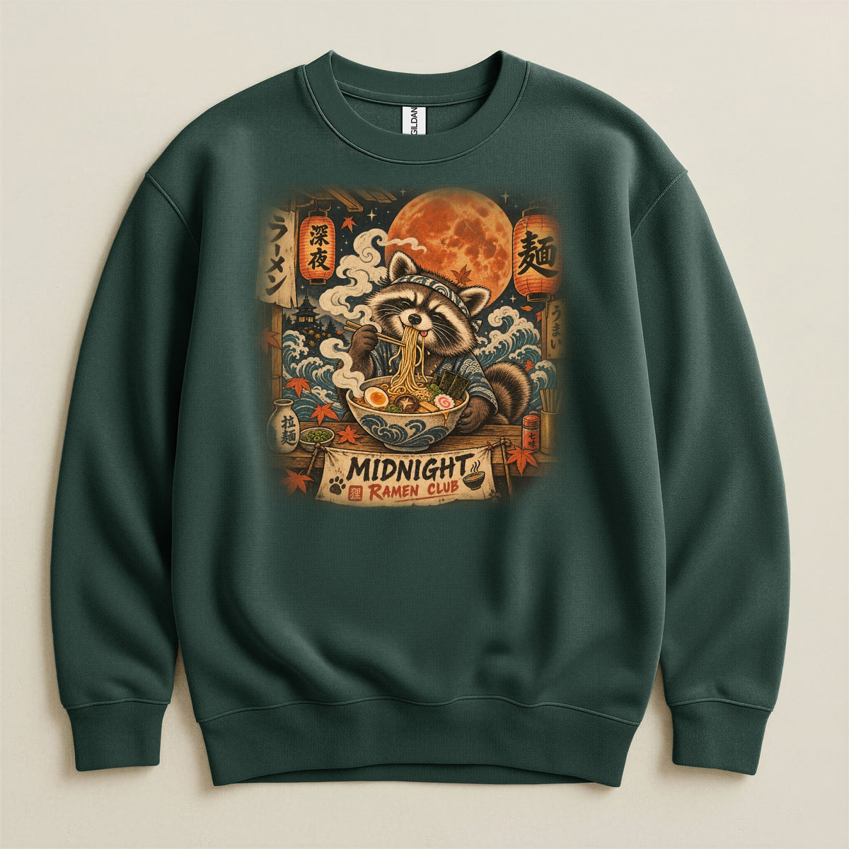 Raccoon eating ramen under a full moon with "Midnight Ramen Club" banner.
