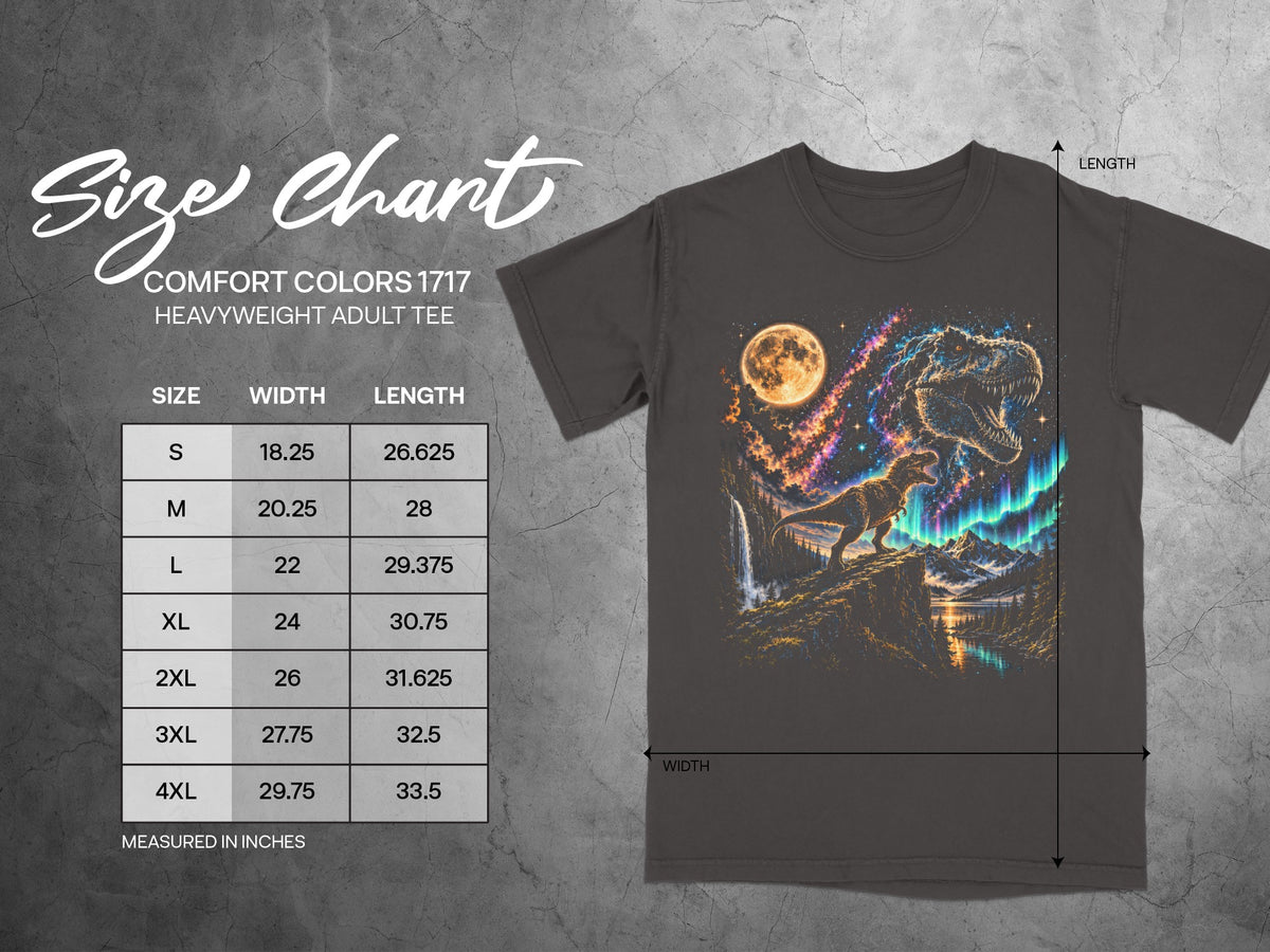 Comfort Colors 1717 adult tee size chart with width and length measurements.