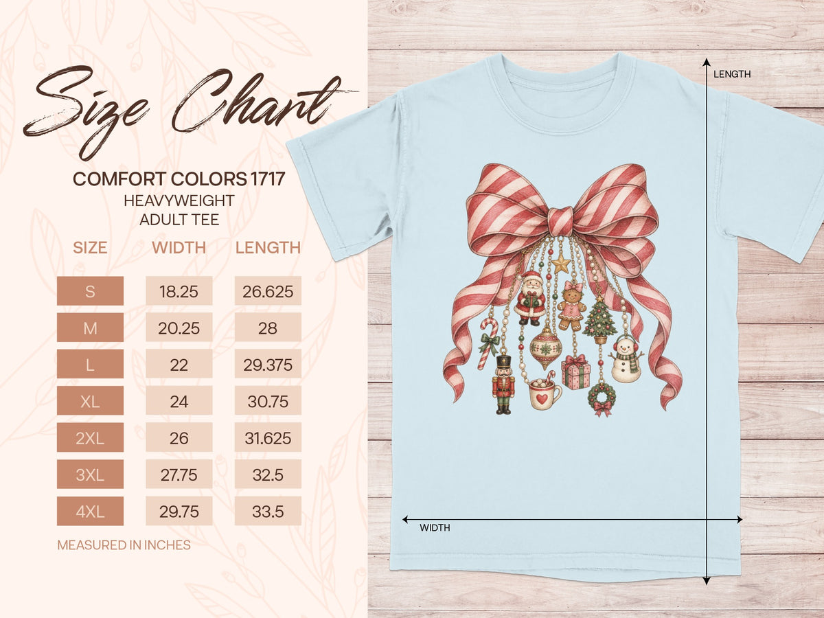 Size chart for a light blue heavyweight adult tee with holiday graphics.