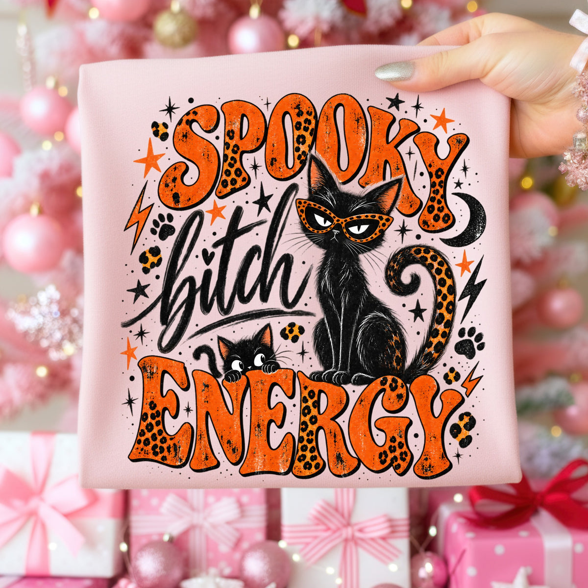 Black cats, leopard print, and lightning bolts with "Spooky bitch energy" text.