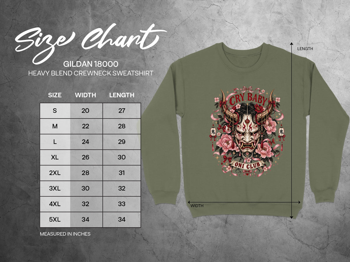 Gildan 18000 sweatshirt size chart with Oni Club graphic.