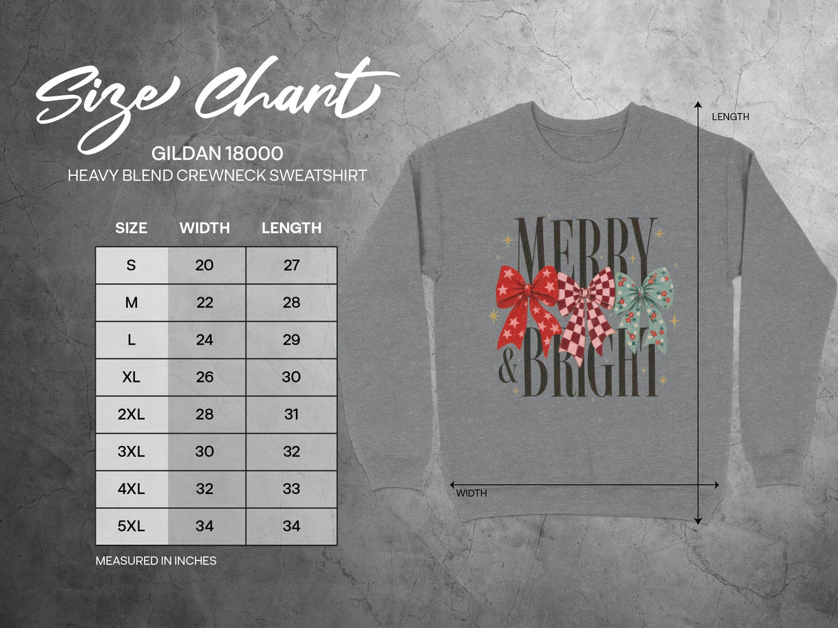 Gildan 18000 Heavy Blend Crewneck Sweatshirt size chart with width and length measurements in inches.