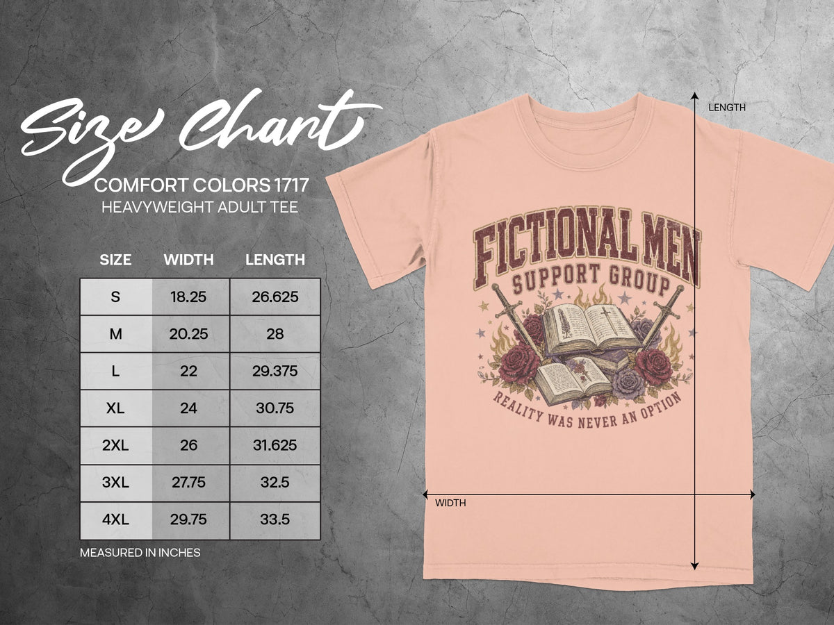 Comfort Colors 1717 size chart showing t-shirt measurements in inches.