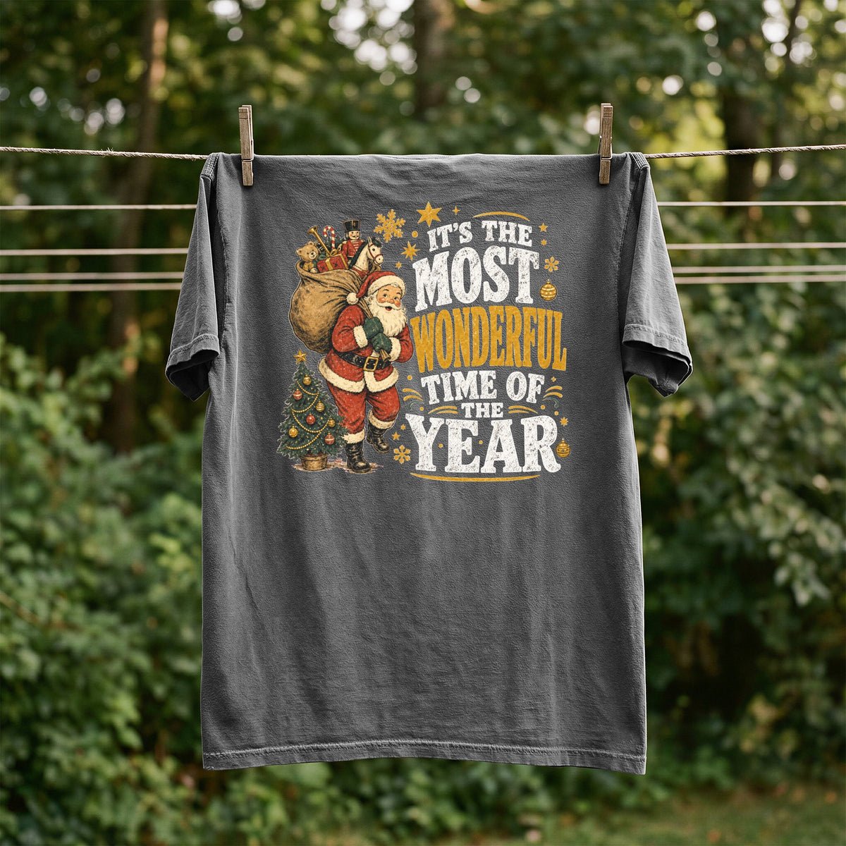 Dark gray t-shirt with Santa, Christmas tree, and text "It's the most wonderful time of the year".