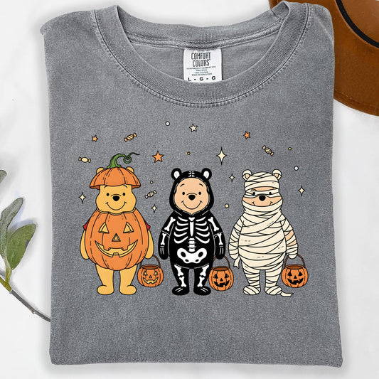 Gray t-shirt with Winnie the Pooh as a pumpkin, skeleton, and mummy.