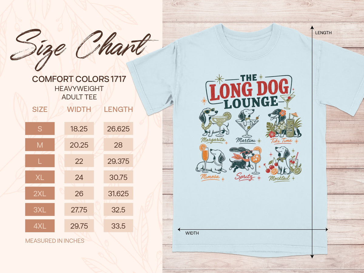 Size chart for a Comfort Colors 1717 heavyweight adult tee with dog graphics.