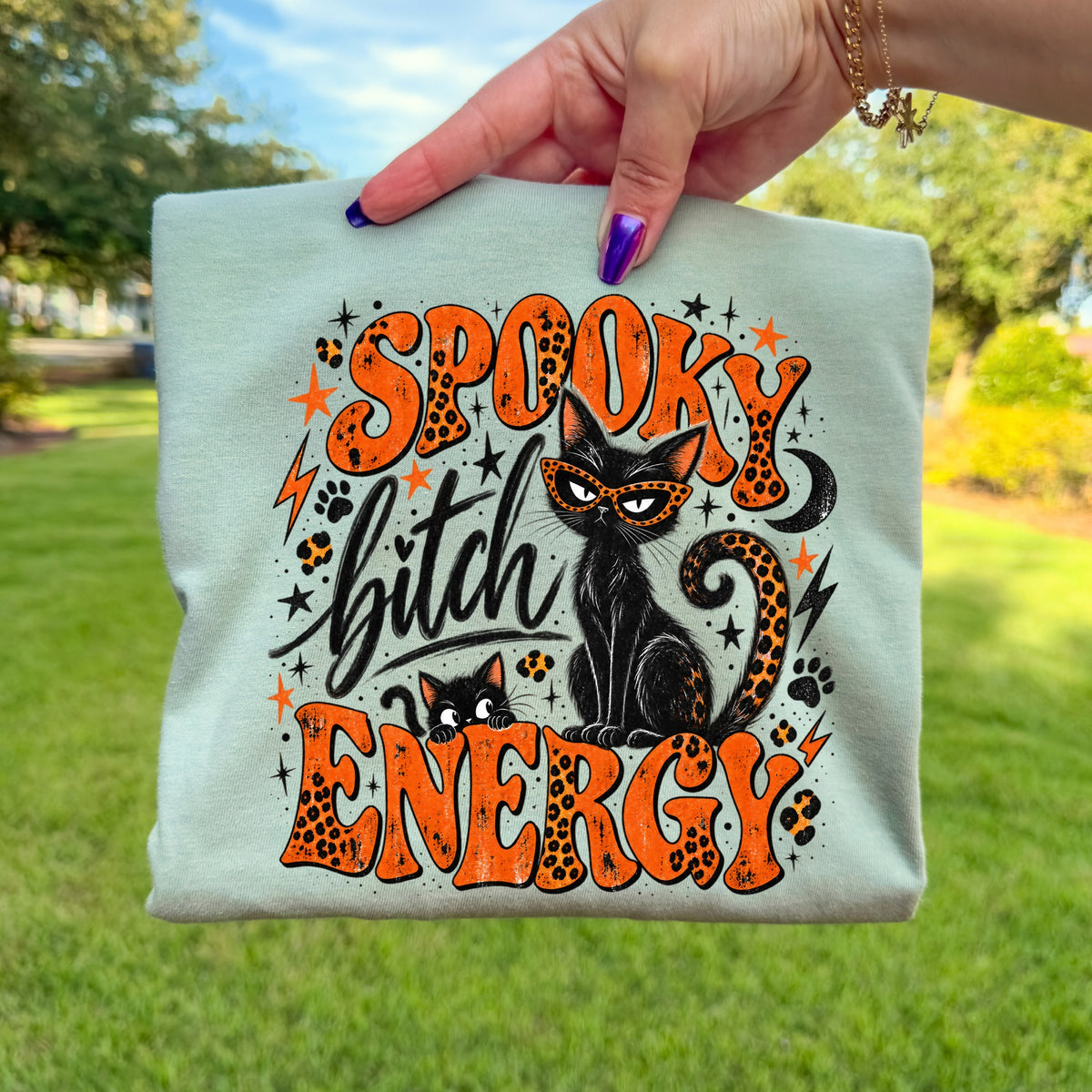 Black cats wearing glasses and leopard print text reading "Spooky Bitch Energy".