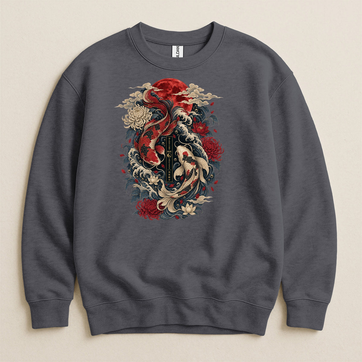 Dark gray sweatshirt with a central design of red and white koi fish, flowers, and waves.
