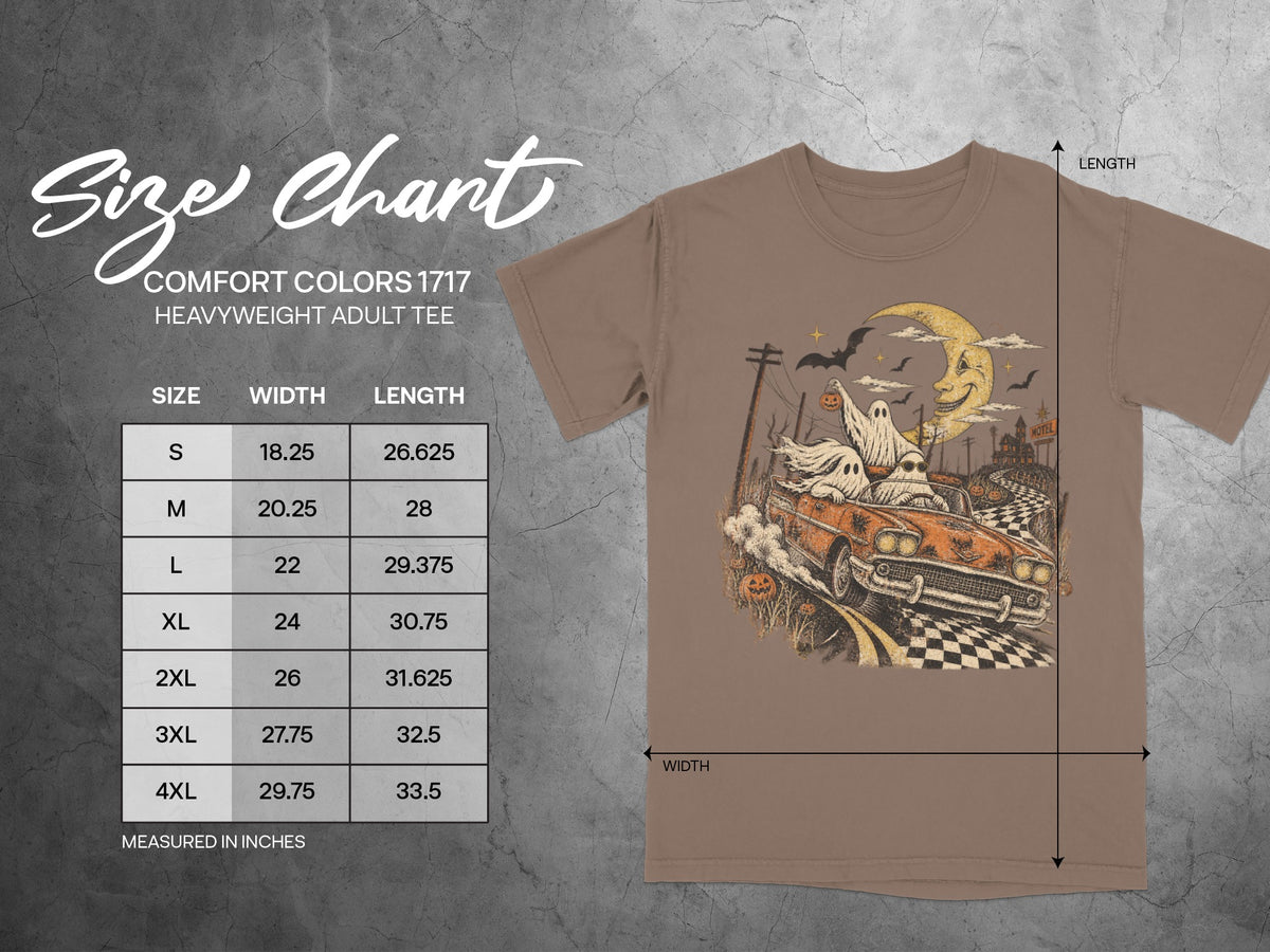 Comfort Colors 1717 heavyweight adult tee size chart with ghost graphic.