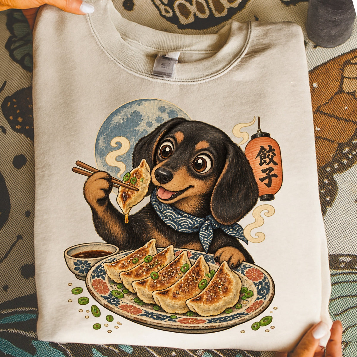 Dachshund eating dumplings with chopsticks, a lantern with "餃子" text.