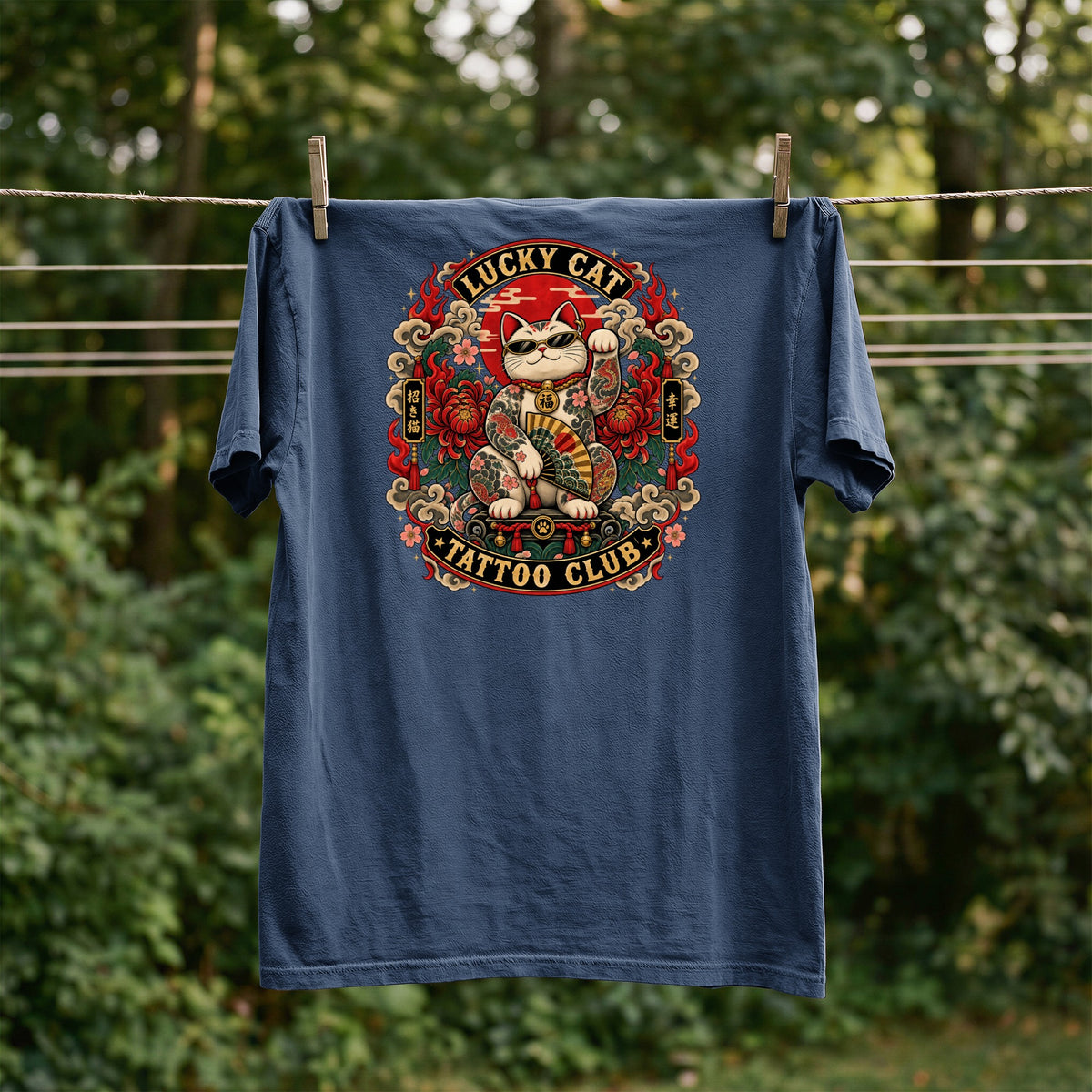 Navy blue t-shirt with a lucky cat tattoo graphic and "Tattoo Club" text.