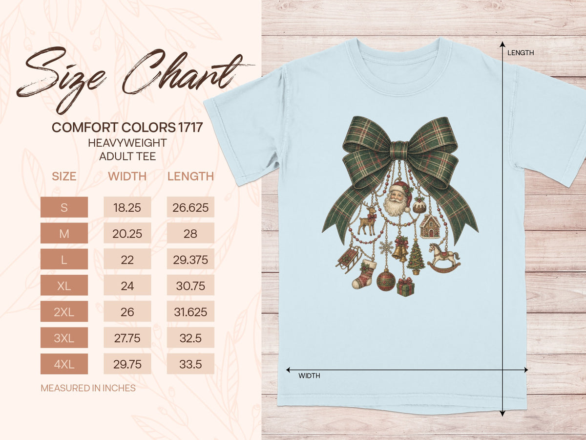 Size chart for Comfort Colors 1717 heavyweight adult tee with Christmas graphics.
