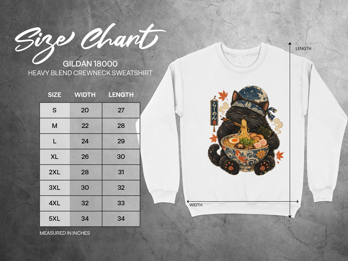 Gildan 18000 size chart with a black cat eating ramen graphic.