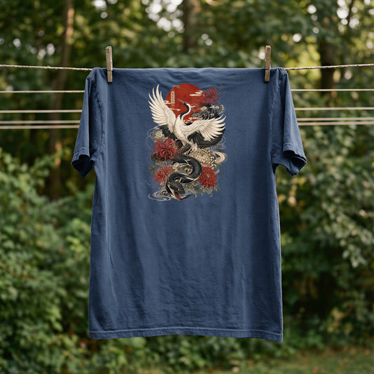 Dark blue t-shirt with Japanese crane and dragon graphic, hung on a clothesline.