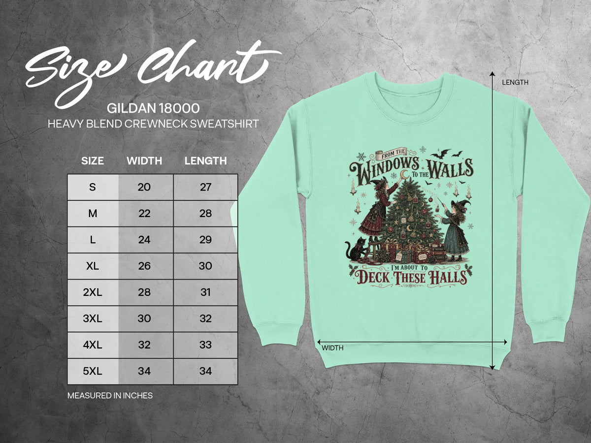 Gildan 18000 sweatshirt size chart showing width and length measurements for sizes S to 5XL.