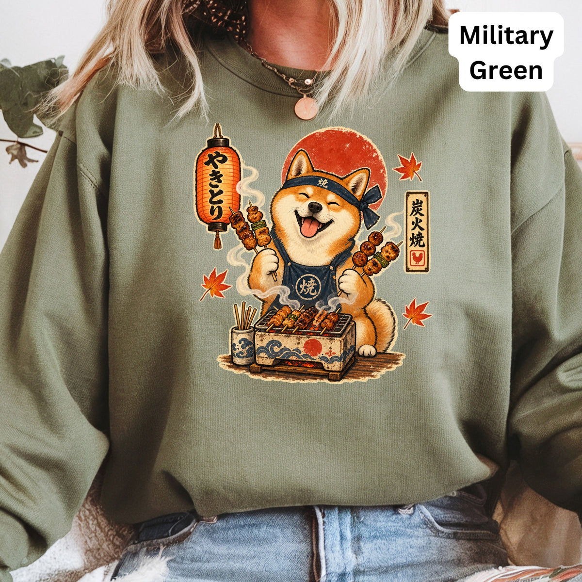 Shiba Inu in apron grilling skewers, with Japanese text and lantern.